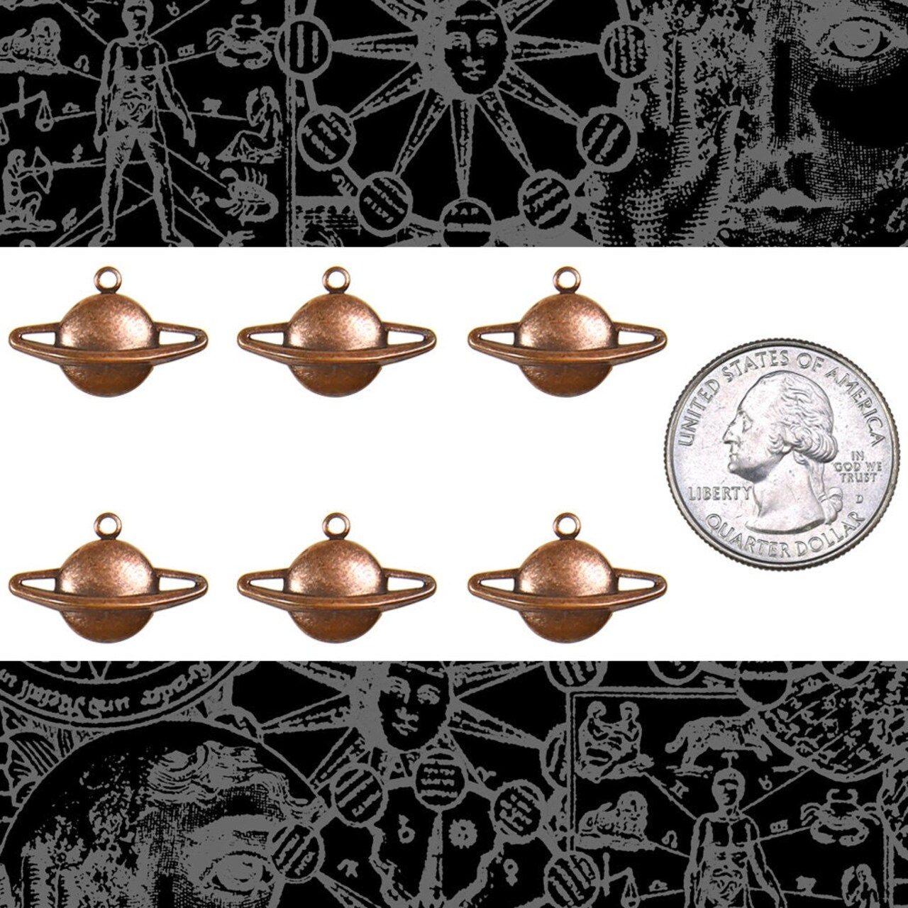 Antiqued Copper Plated Brass Saturn Planet with Ring Charms -Set of Six - C-C195